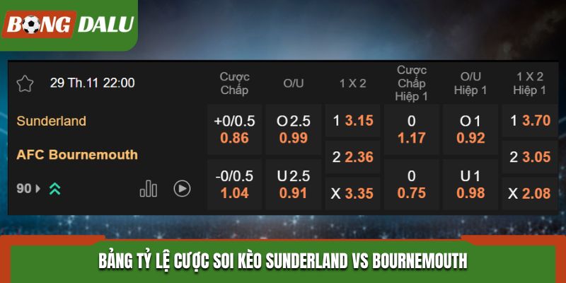 Soi kèo Sunderland vs Bournemouth - bảng tỷ lệ kèo