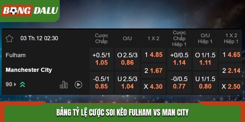 Soi kèo Fulham vs Man City - bảng tỷ lệ kèo